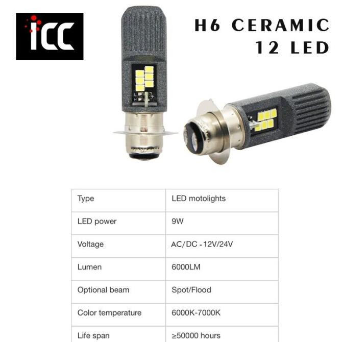 Lampu Led H6 Ceramic 12 Led 9 Watt Led Motor Ac Dc Putih Original