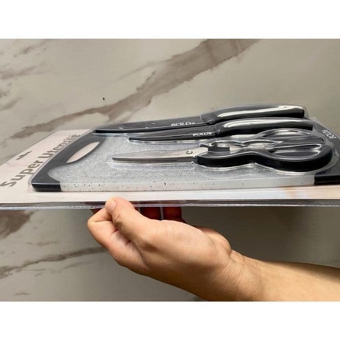 Pisau Set Keramik Plus Talenan BOLDe 4 In 1 - Cutting Board - Gunting