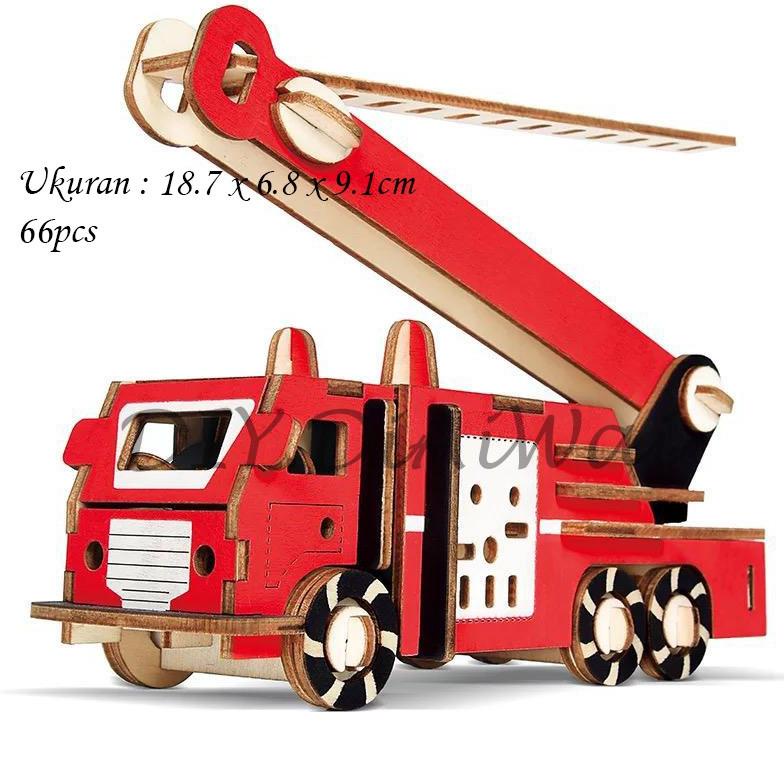 [Ckk] Puzzle 3D Diy Bahan Kayu Model Fire Truck / Truk Mobil Pemadam Kebakaran Mainan Puzzle Edukasi Anak Cod