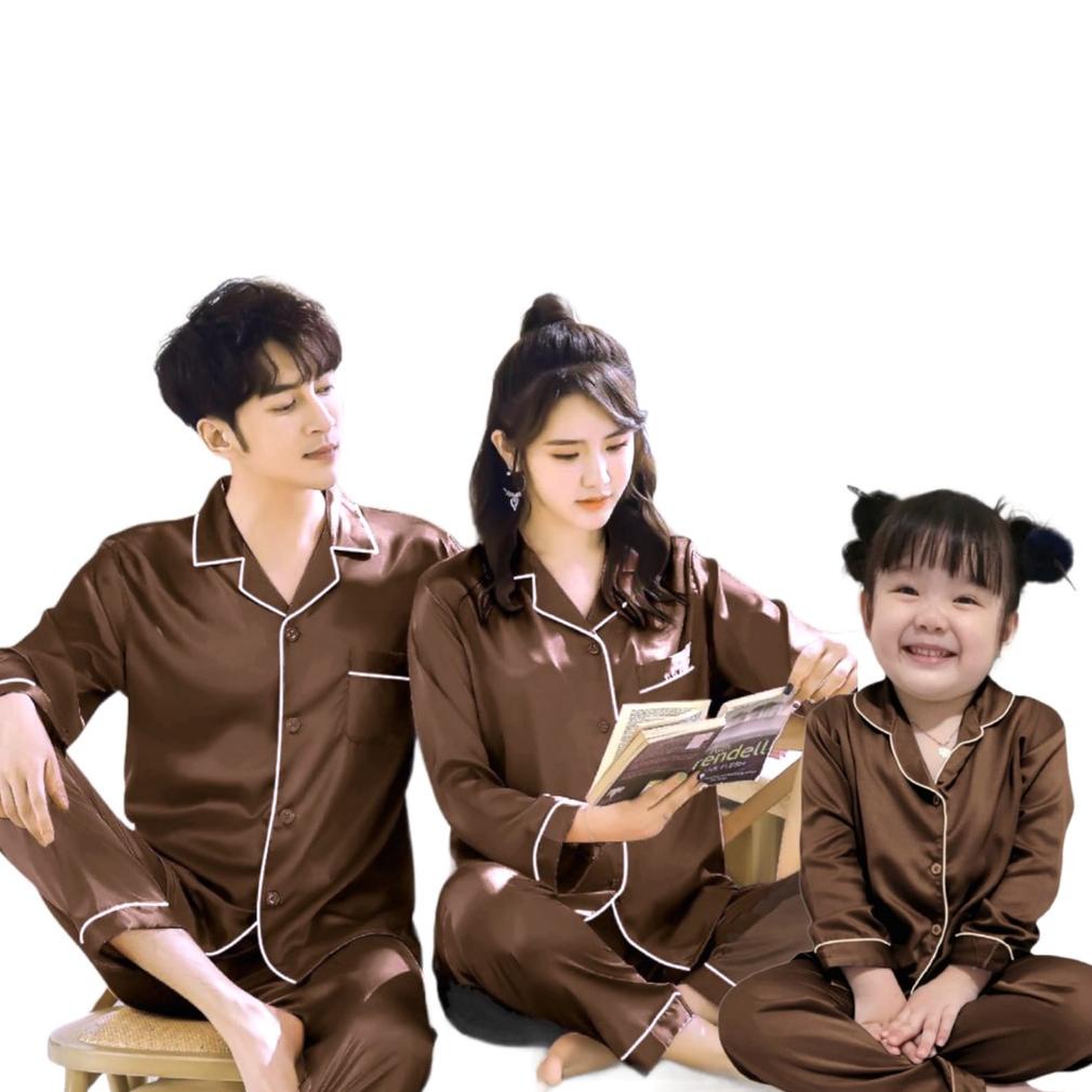 BAJU TIDUR LENGAN PANJANG/PIYAMA COUPLE IBU AYAH DAN ANAK CEWEK COWOK BAHAN SATIN SILK