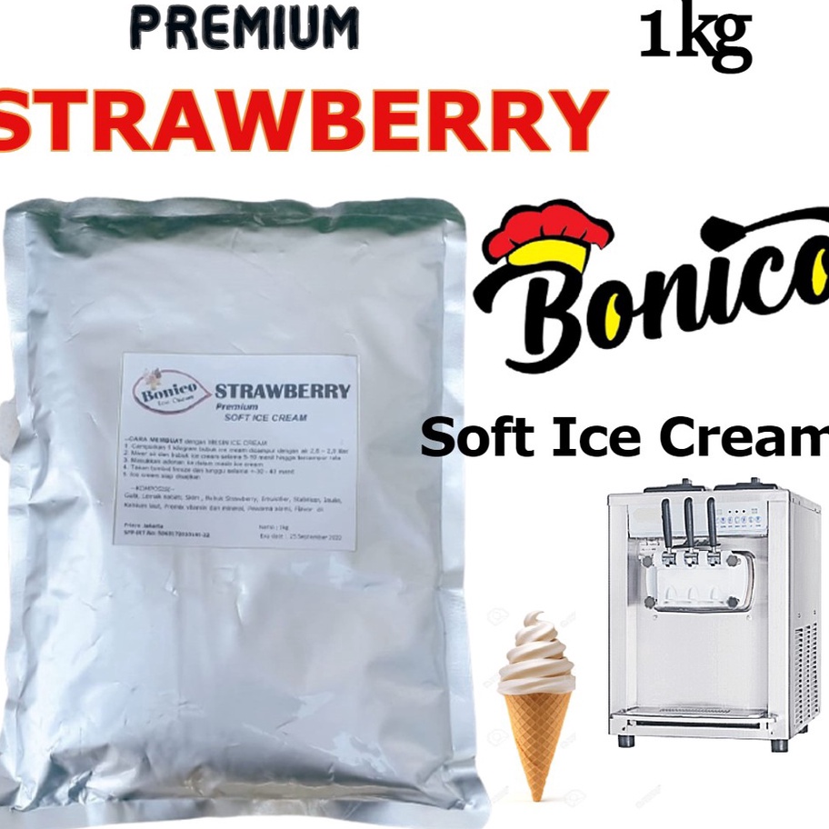 

WTZF8519 (D2289) BONICO STRAWBERRY SOFT ICE CREAM POWDER 1kg PREMIUM RESTO bubuk es krim mesin Strawbery cone frizco