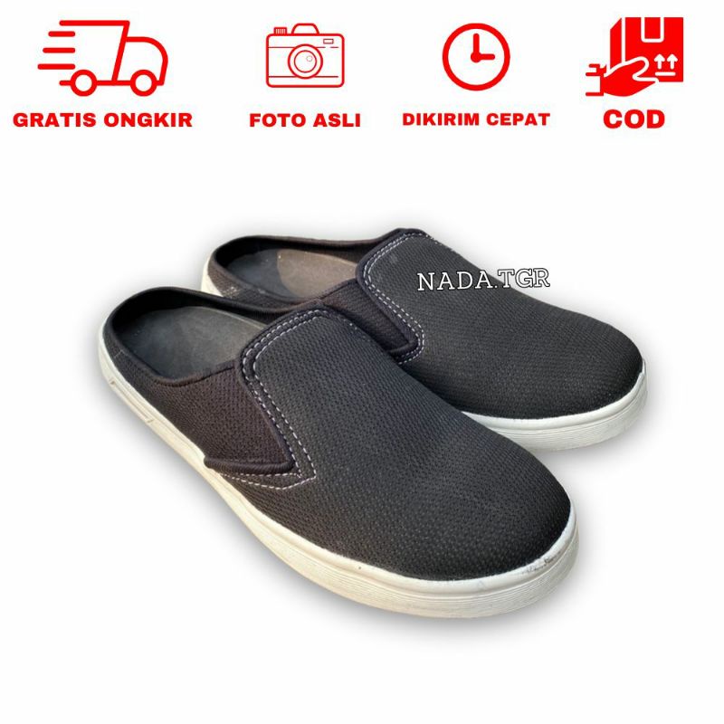 FULL HITAM - SEPATU SELOP SLOP PRIA SLIP ON PRIA HITAM FULL LAKI BAKPAO