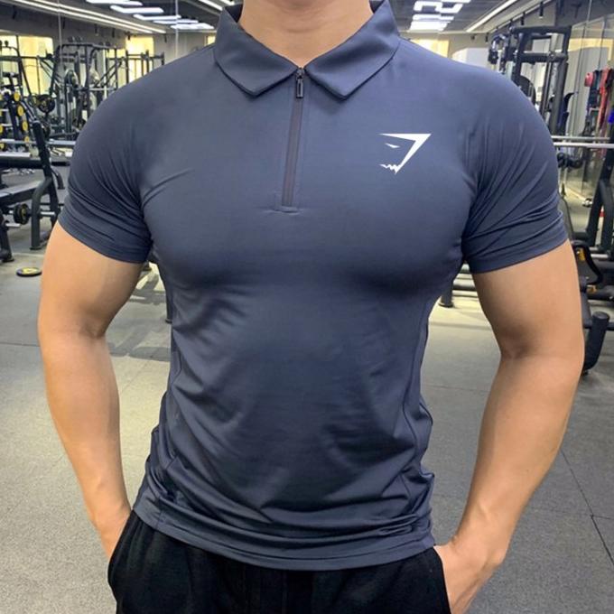 Terbaru Kerah Zipper Navy Kaos Gym Kerah Baju Polo Training Fitness Pria Baru