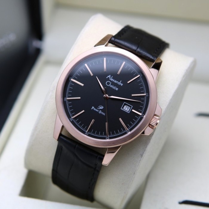 ✅Ready Alexandre Christie Ac1008 Ac 1008 Black Rosegold Jam Kulit Pria Berkualitas