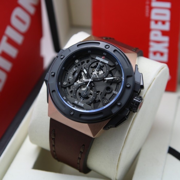 ✅Original Jam Tangan Expedition Pria E6818 E 6818 Black Rosegold Brown Leather Diskon