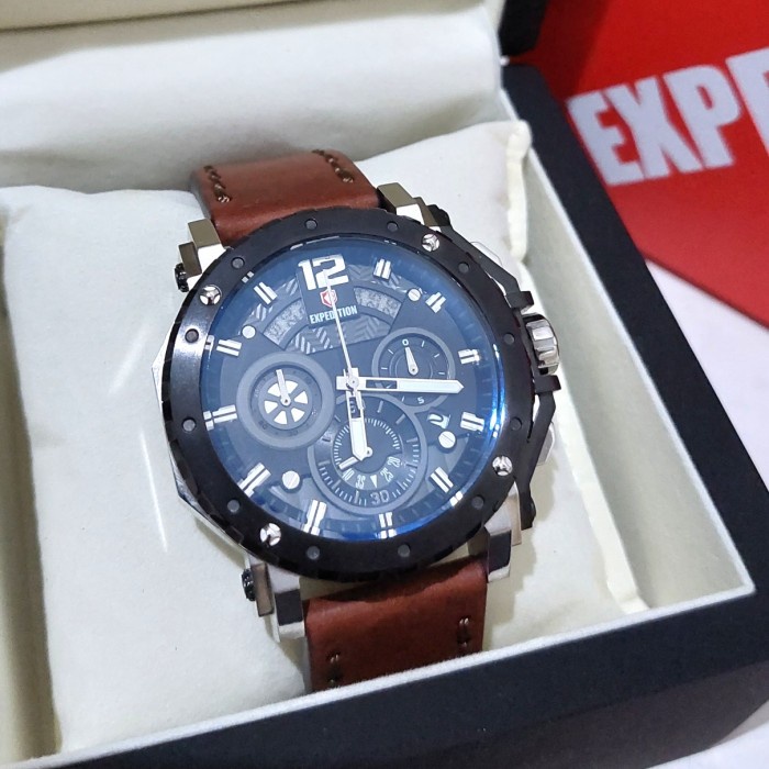 ✅Original Expedition E6402 E 6402 Man Silver Black Brown Leather Jam Tangan Berkualitas