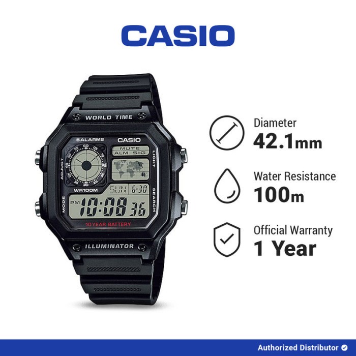 Casio AE-1200WH-1AVDF Jam Tangan Pria Digital Hitam 42.1mm Water Resistant 100m