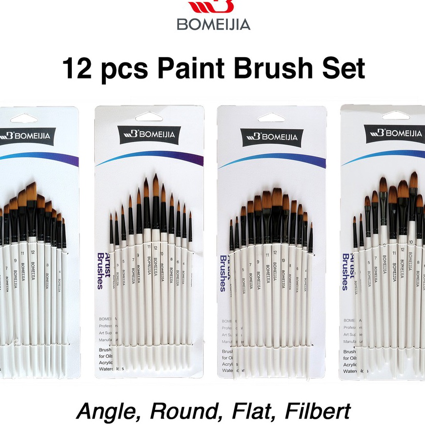

(N23♫) BOMEIJIA Artist Short Handle Brush Round / Filbert / Angle / Flat 12pcs..