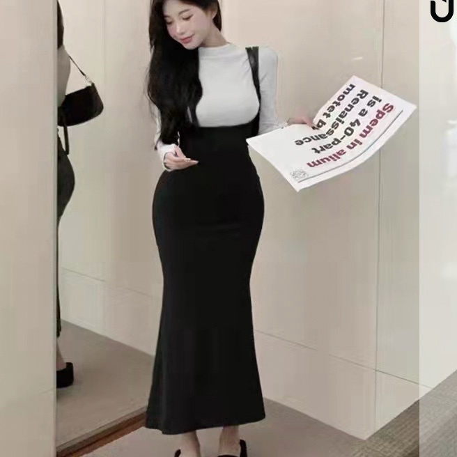 [S47㊚] One Set Turtle Neck Long Sleeve Top + Strap Midi Dress 1570 (S-XL)ご