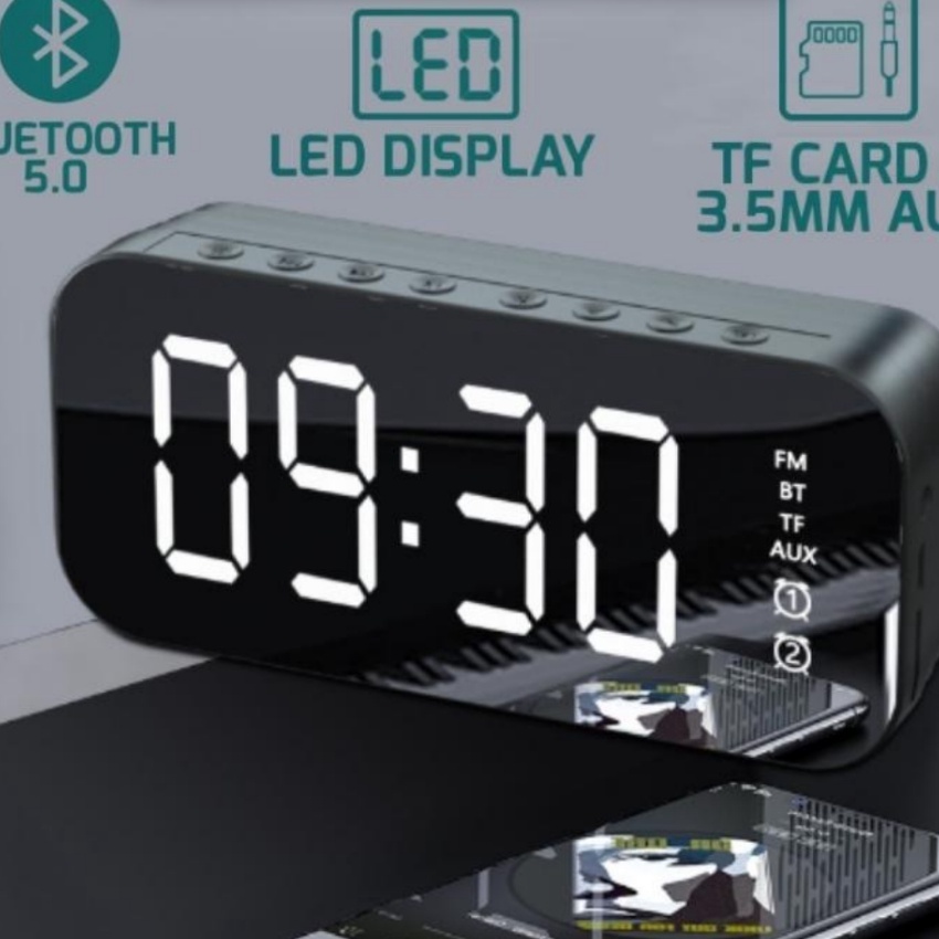 (K12-➸) Speaker jam alarm Bluetooth 5.0 LED Display clock ultra Bass stereo mirror with FM Radio ori