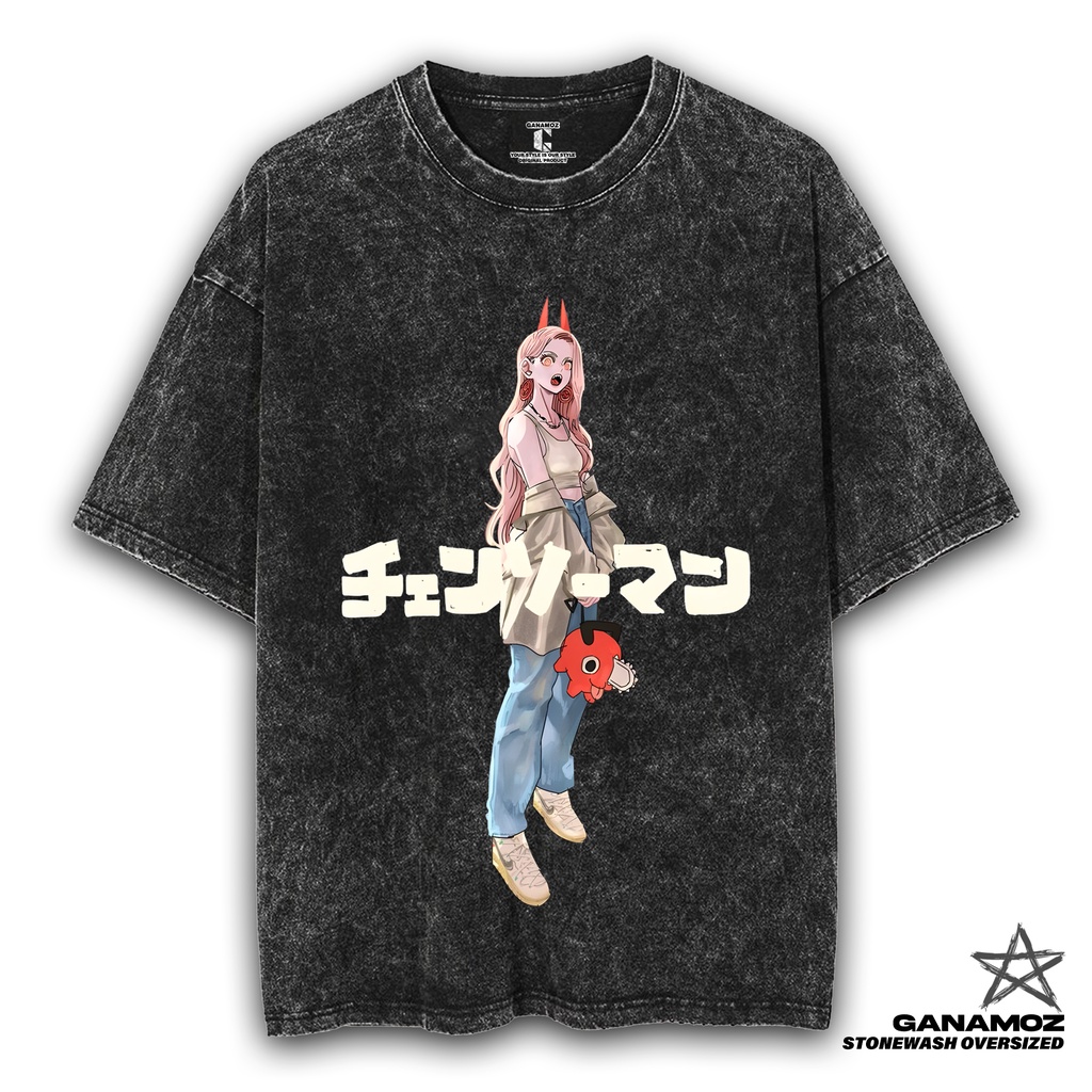 GANAMOZ Kaos Anime Chainsawman STYLISH POWER Stone Wash Oversize T-shirt | Kaos Oversize Wanita | Ka