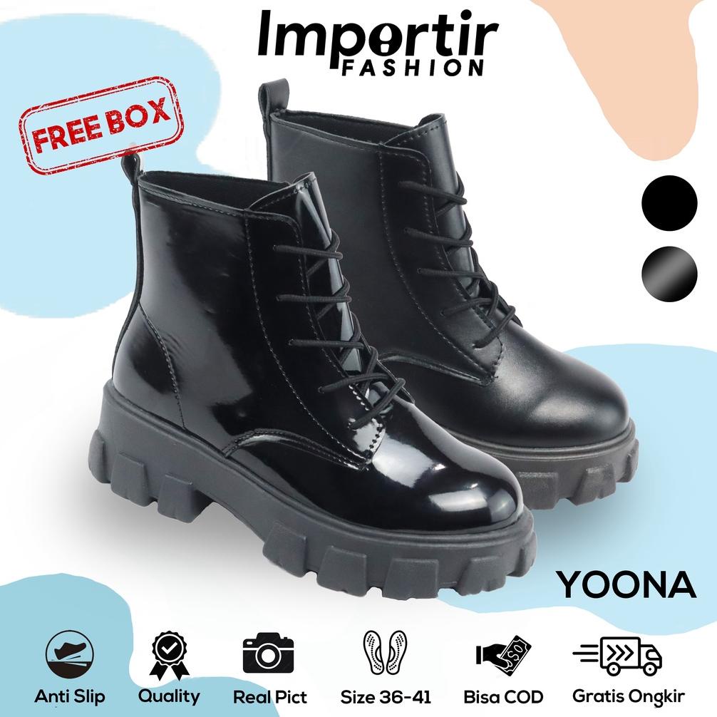 Importirfashion Yoona Sepatu Boots Wanita Korea Docmart Import Tinggi High Kulit PU Sintesis Glowing