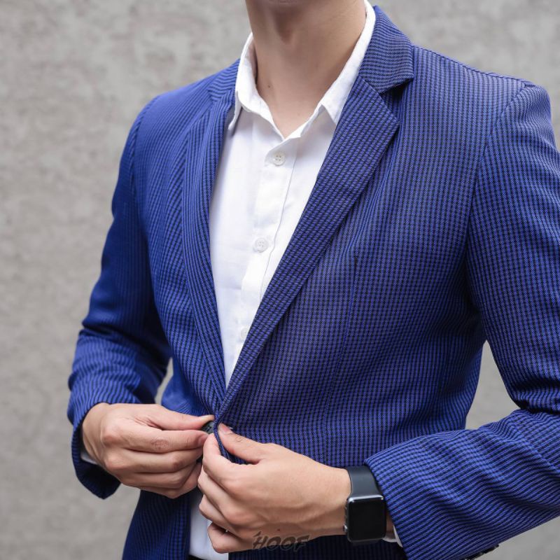 BLAZER PRIA HUNSTMAN BIRU VIOLET - Jas Cowok Garis-Garis Navy Casual Formal Resmi