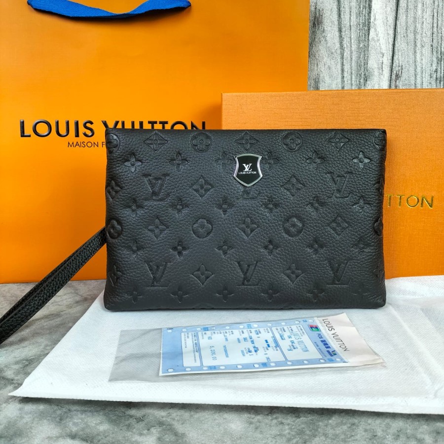 LV LOUIS VUITTON TAS TANGAN HITAM PRIA KULIT TAS TANGAN KASUAL MOTIF POLOS MONO KEREN HITAM DOMPET P