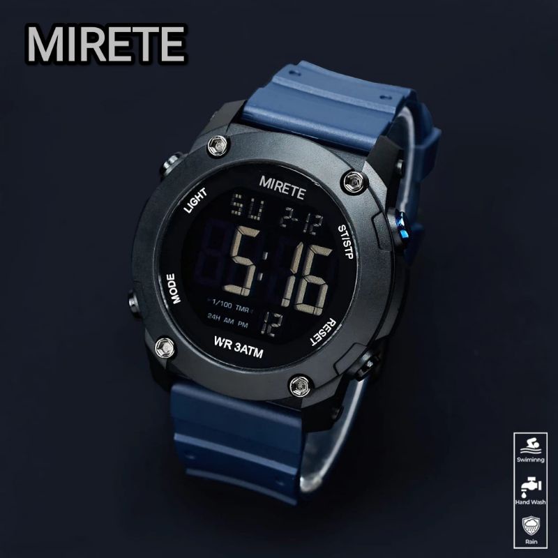 JAM TANGAN DIGITAL MIRETE PRIA STRAP RUBBER. FITUR LENGKAP TAHAN AIR BISA DI BAWA MANDI