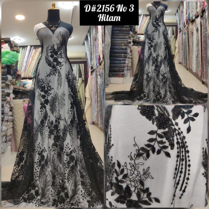 Kain Tile Brokat Aplikasi 3D Payet Timbul Akar Hitam D#2156 No 3