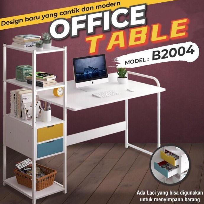 Meja Komputer Meja Kerja Meja Belajar Meja Kayu Laci 2 ( White ) B2004 Zonaduaduo