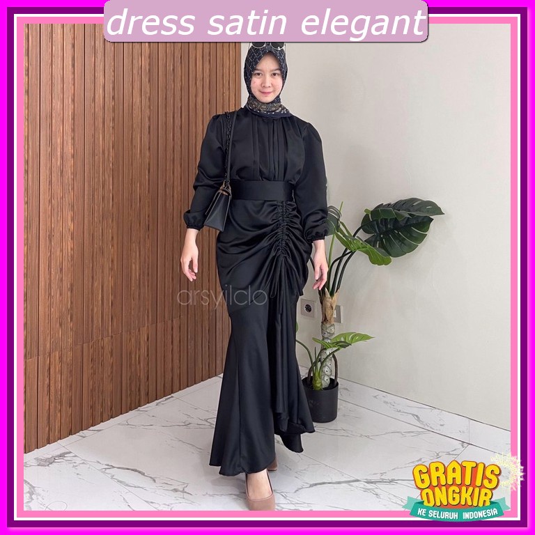 Gsun Drees Press Body Panjang Long Dress Korean Style Hijab Drees Kekinian 2023 Dress Satin Kondanga