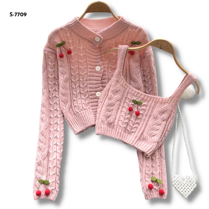 Import Kardigan Rajut Wanita Set Lucu Korea Cherry (S-7709)