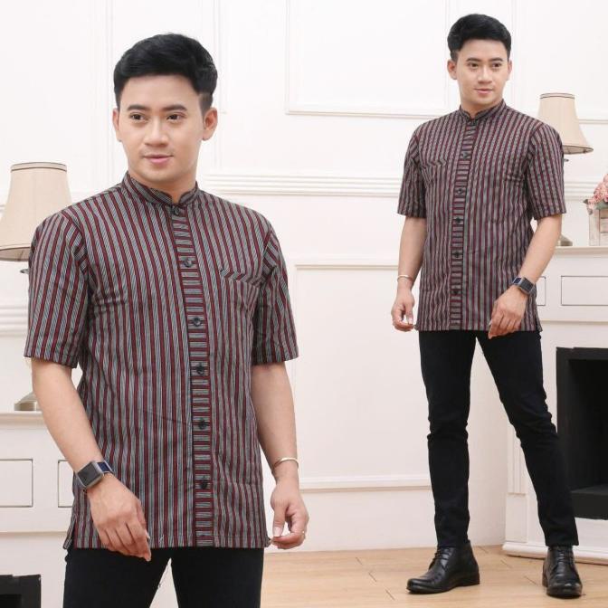 Baju Adat Jawa Pria Kemeja Surjan Lurik Lengan Pendek Katun Tenun Atbm
