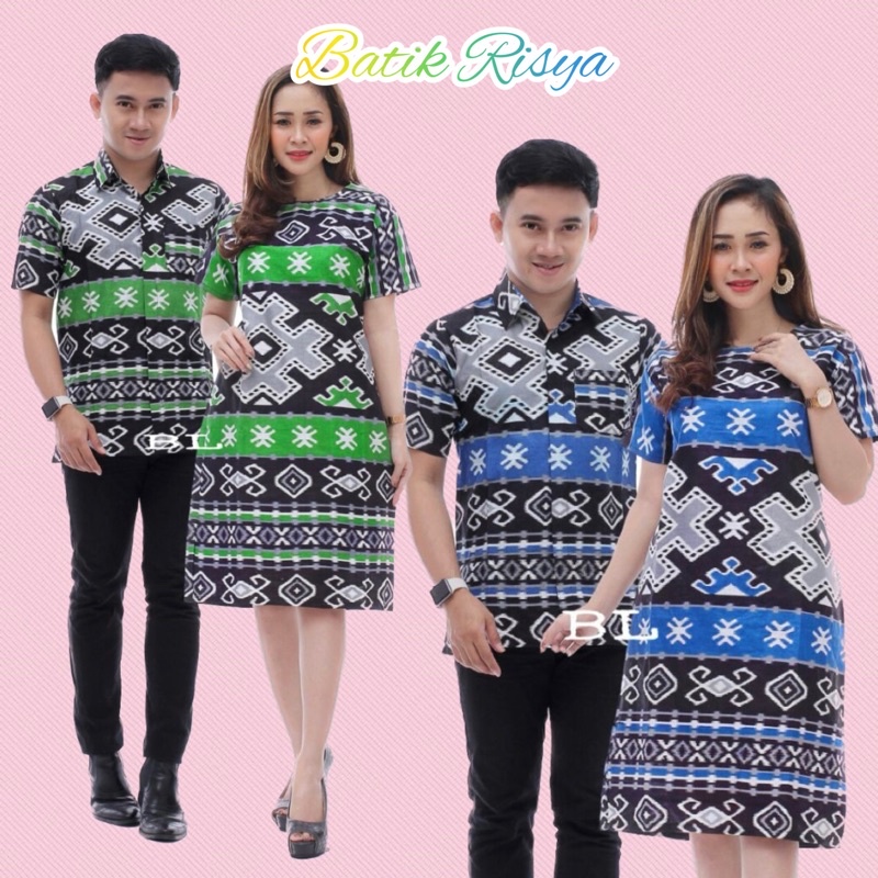 BAJU PASANGAN COUPLE PRIA WANITA - DRESS LENGAN PENDEK & KEMEJA - SONGKET TENUN PALANG BIRU HIJAU SI