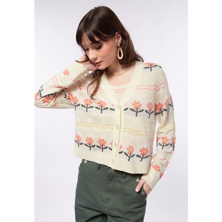 Et Cetera V-Neck Printed Knit Cardigan BEIGE