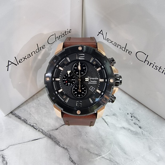 ✅Sale Jam Tangan Pria Alexandre Christie Ac6410Mc - Hitam Rose Gold Kulit Diskon