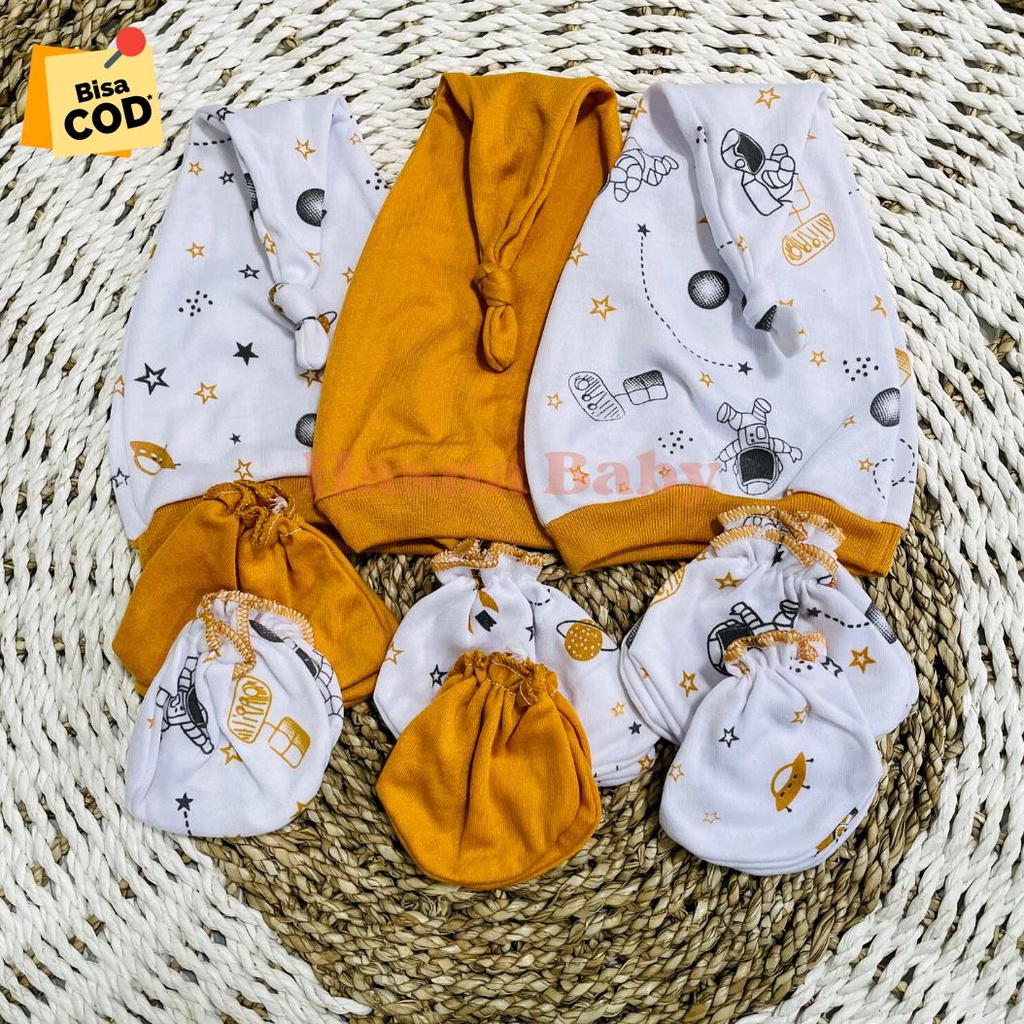 Paket Topi Set Sartaki Bayi Baru Lahir Kupluk Sartaki Bayi Motif Roket Seri Kuning Kunyit - Juragan 