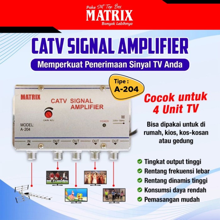 Booster Indoor Dan Spliter Matrix A-204 Penguat Sinyal Tv 4 Way Promo Terbaru