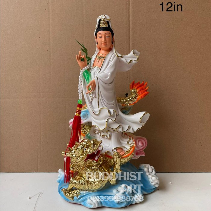 Patung dewi kwan im injak naga / guan yin injak naga 12 inch fiber