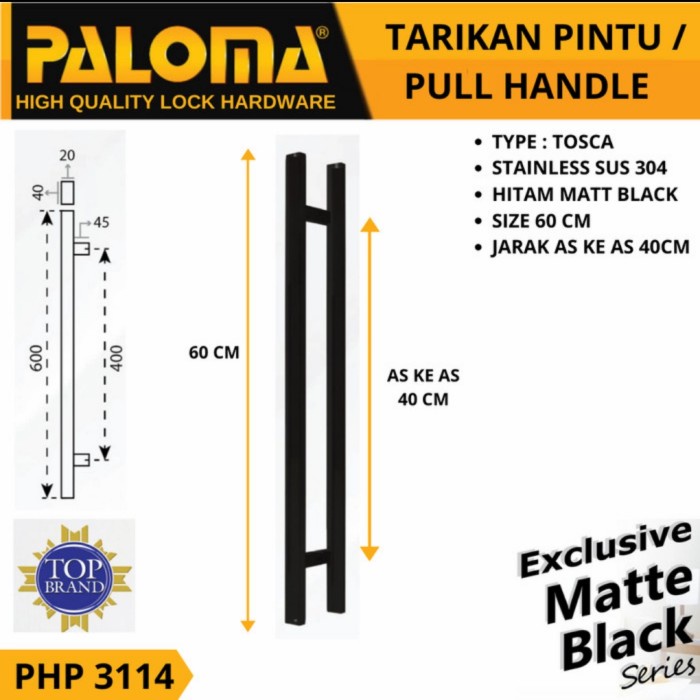 [Ori] Paloma Php 3114 Pull Handle Gagang Tarikan Pintu 60 Cm Stainless Hitam Limited