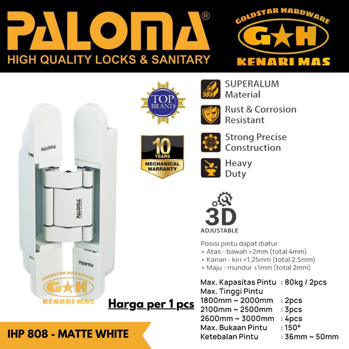 [Ori] Paloma Ihp 808 Engsel Hinge Concealed P80 White Engsel Tanam Pintu Terbaru