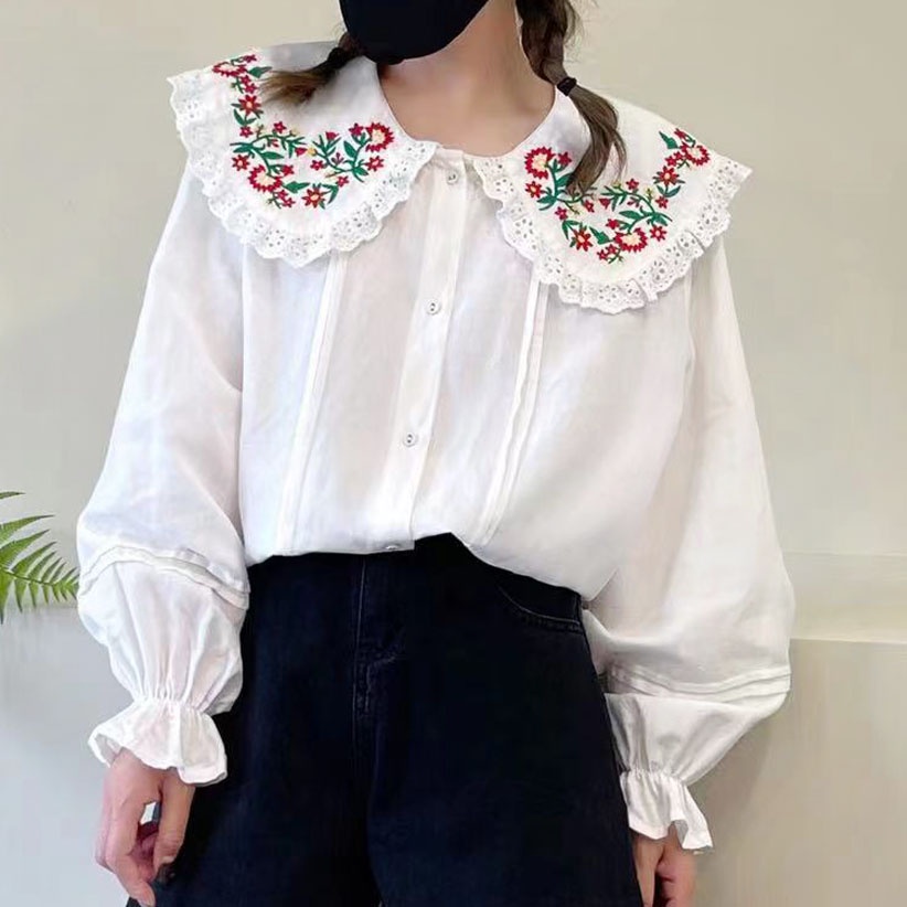 BLUS LINEN PUTIH KERAH LEBAR BORDIR BUNGA & RENDA OVERSIZE JUMBO IMPOR