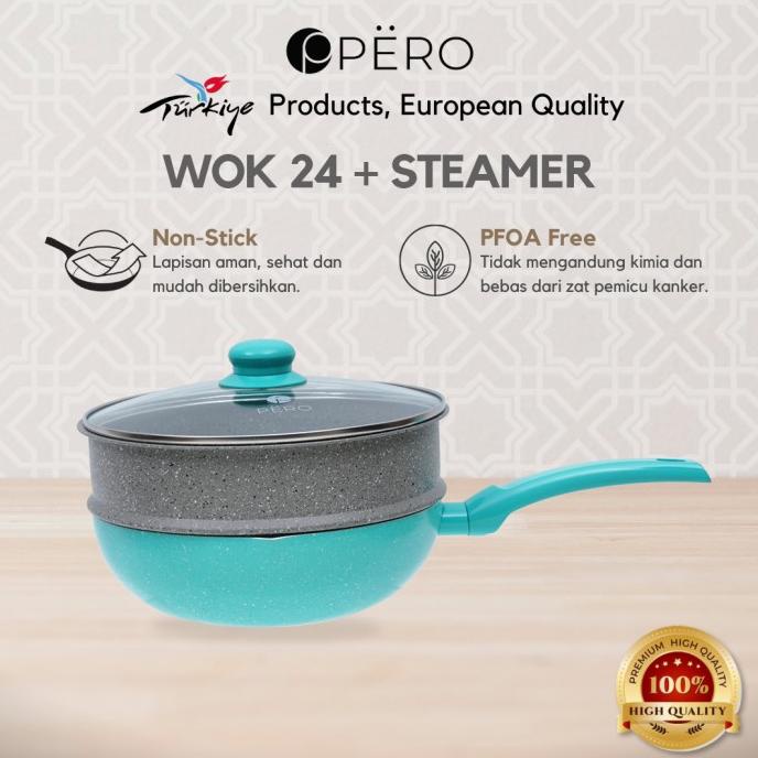 Pero Bundling Wok Pan 24 cm + Glass Lid & Steamer / Wajan Anti Lengket