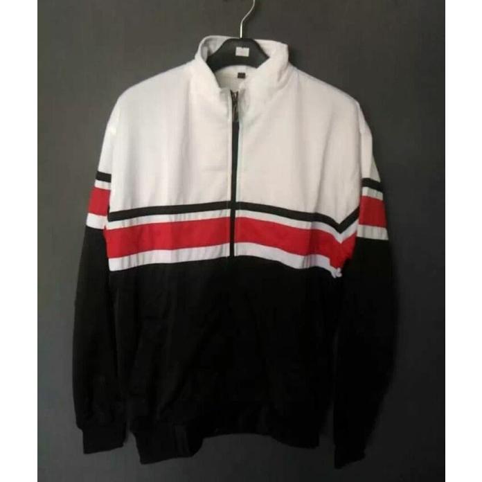 Berkualitas Jaket track putih hitam garis merah 