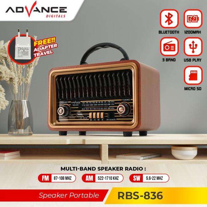 Speaker Advance RBS-836 Model Radio Tua Bluetooth Clasic Dengan Led