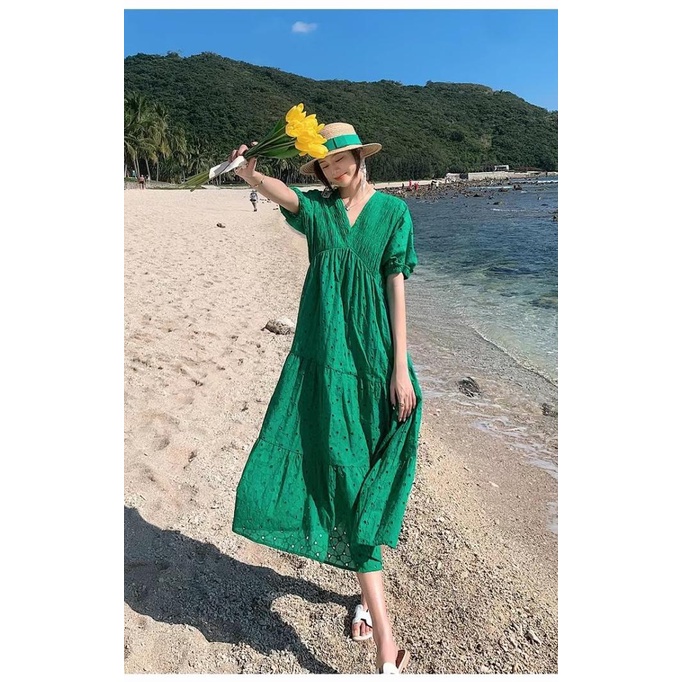 cotton casual dress pantai wanita / green summer dress lengan pendek