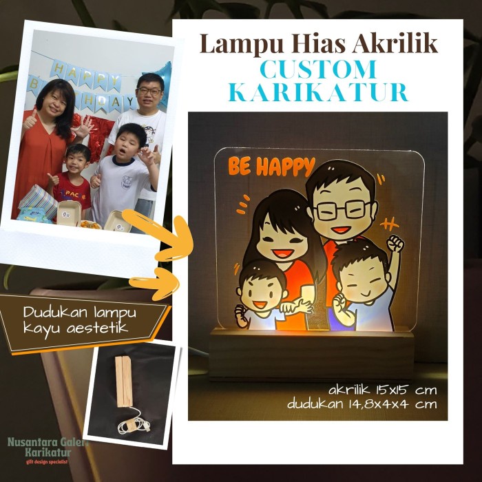 Karikatur Custom Lampu Akrilik + Dudukan Kayu + Sticker Wa Promo Terbaru