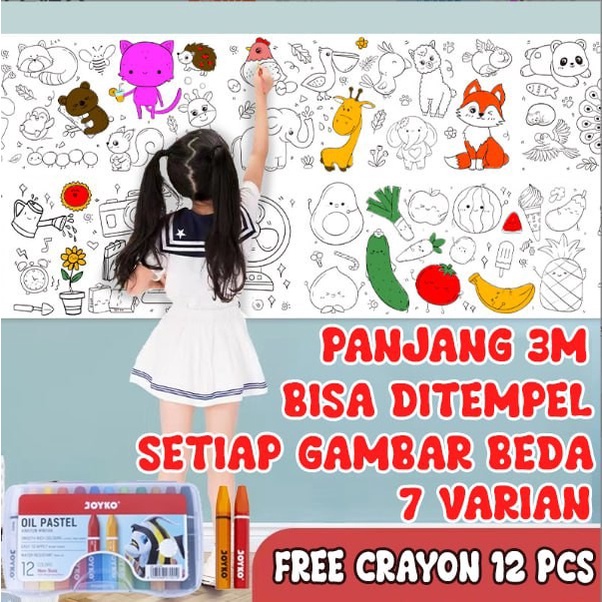 

Mainan Edukasi Anak Kertas Gambar Rol, Drawing Roll 3m FREE Crayon