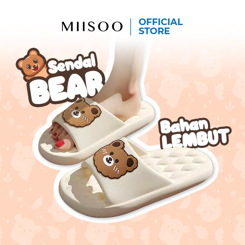 Original MIISOO Sandal Beruang Sandal Slop Wanita Karet Motif Beruang Sandal Slip Karet Sandal Rumah