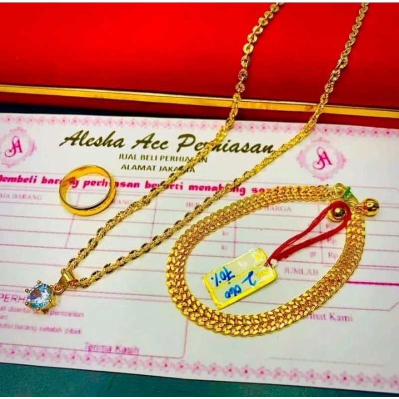 Set perhiasan wanita motif tikar lapis emas asli 7,5 gram