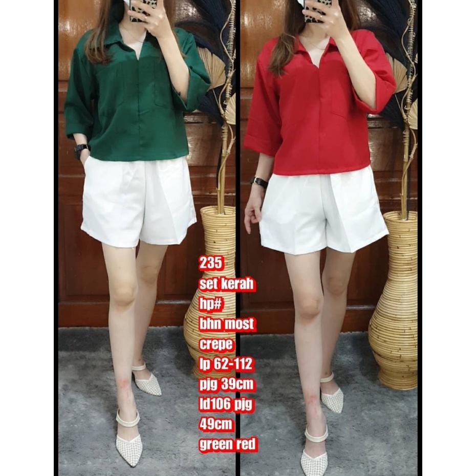 SETELAN WANITA Moscrepe Lengan Pendek Kekinian/ Blouse wanita / Fashion korea/ baju natal Christmas/