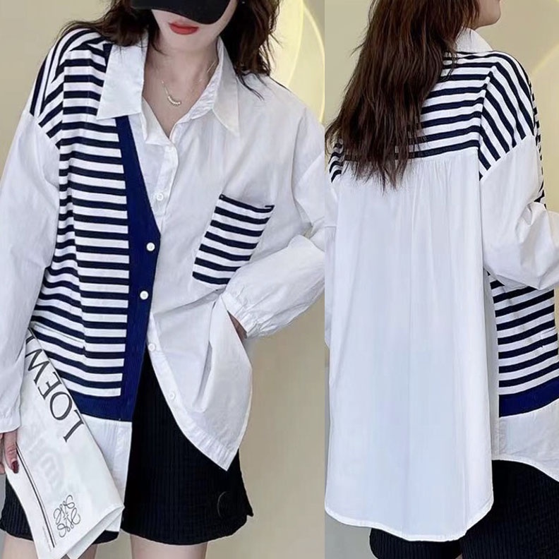 BLUS KEMEJA KATUN PANEL KAOS GARIS BIRU PUTIH OVERSIZE JUMBO IMPORT