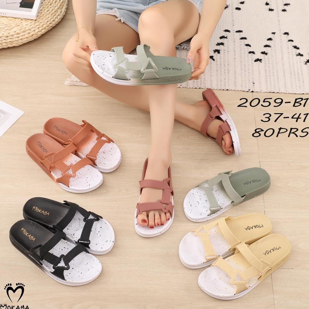 Murah [Best Seller] Sandal Slop Jelly Semi Gunung Wanita Warna Sembur Tali Sambung Keren Import Moka