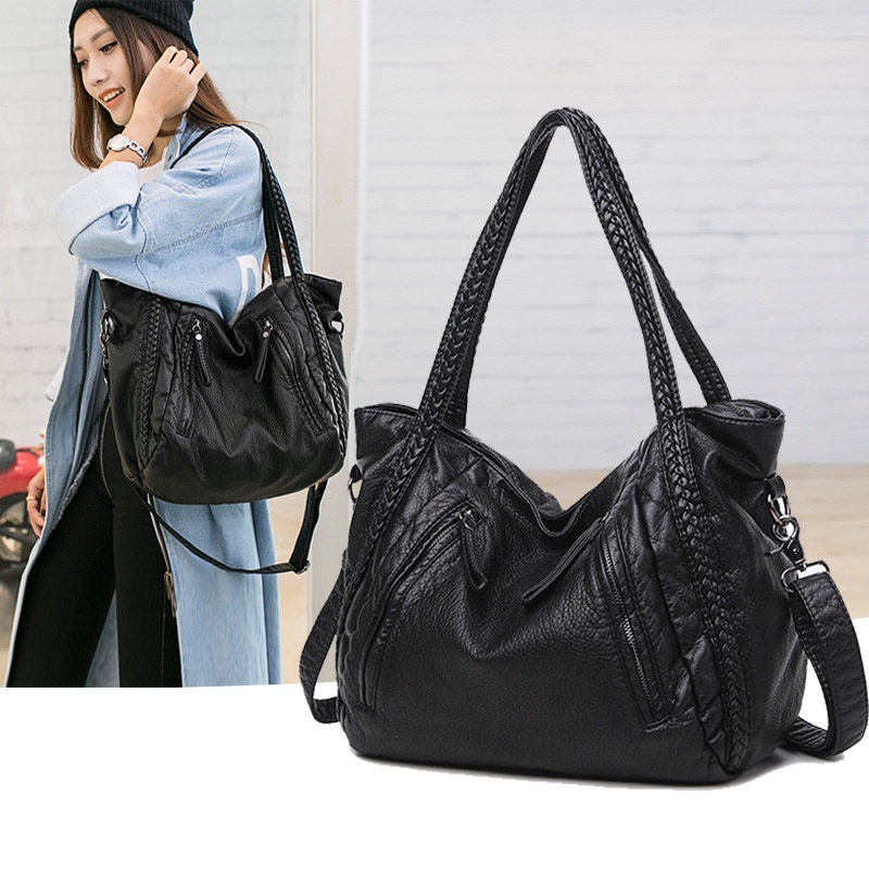 Asli2023Tas Wanita Korea Baru Tas Bahu Kulit Pudar Kasual Trendi Tas Mumi Tote Kulit Lembut