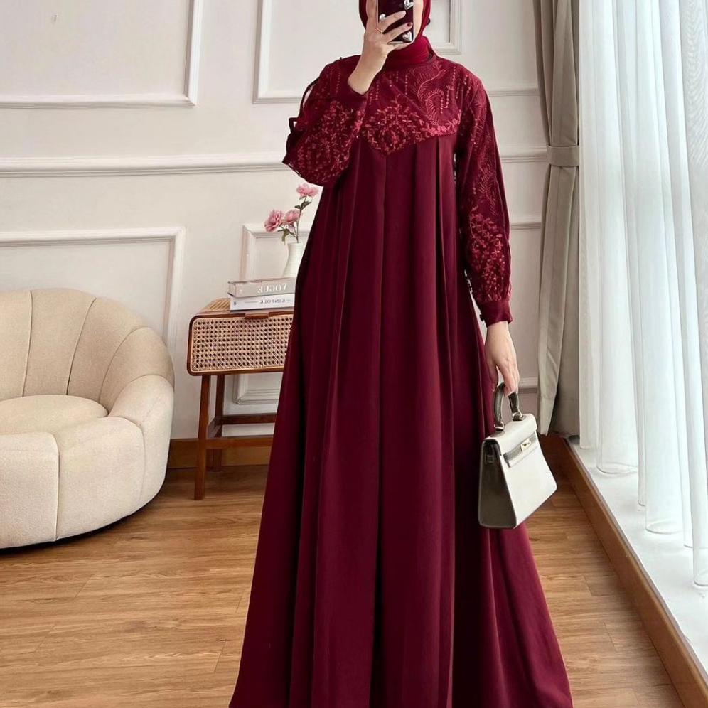 Murah Dress Maxi Irena Cringkel Airflow Mix Brukat Payet Sleting Belakang All Size Warna Maroon,Mint