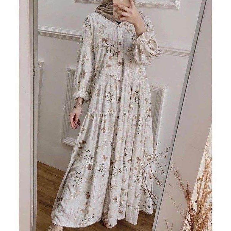11.11 Aberia Dress Rayon Full Kancing - Gamis Rayon Wanita Motif Bunga Busui Murah