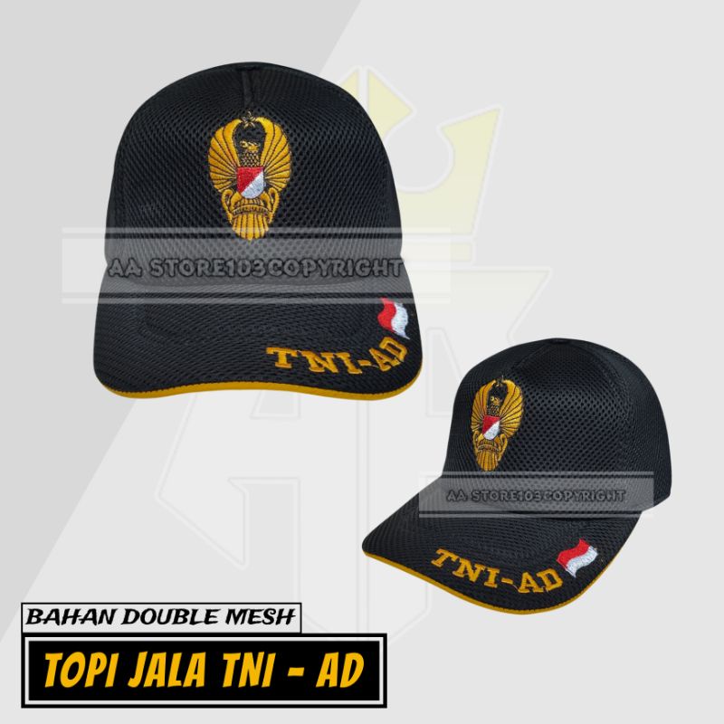 Topi Jala TNI AD Hitam Full Bordir - Topi Jaring Tni AD