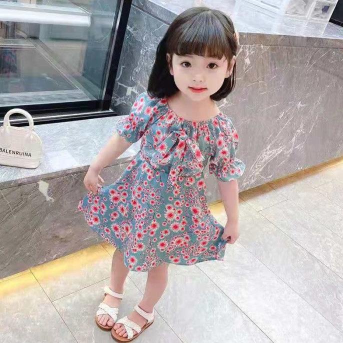 ern Dress Anak Perempuan Korean Style Floral Printed Short Sleeve Gaun