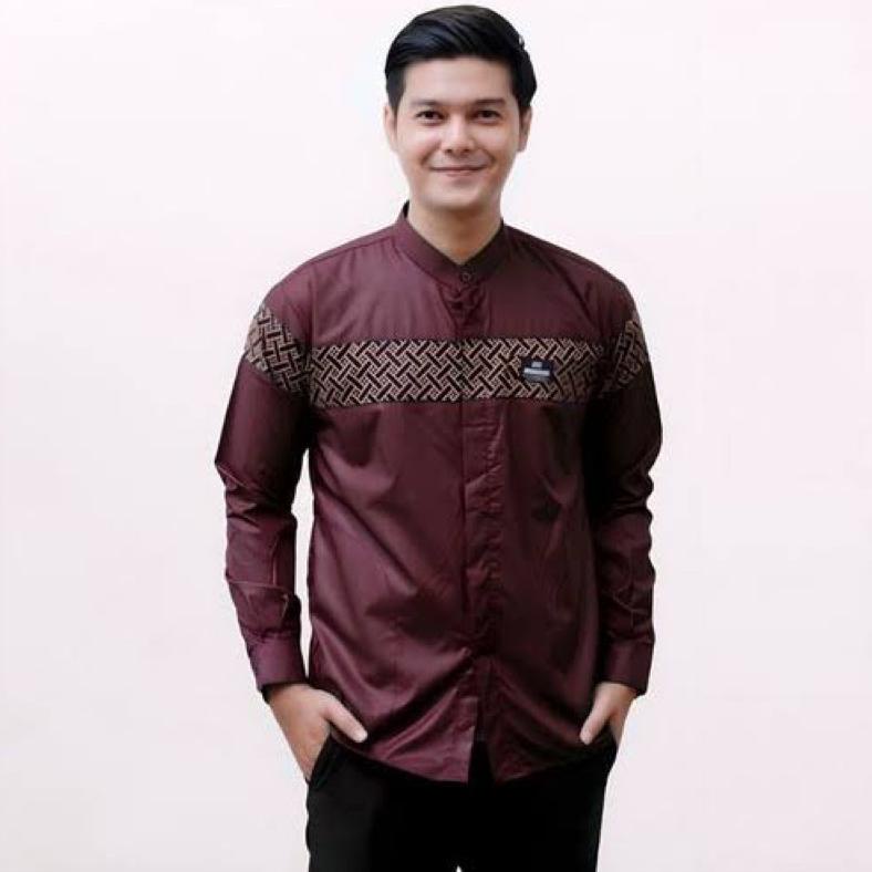 Baju Koko Dewasa Lengan Panjang Kombinasi Batik | Baju Koko Lengan Panjang Motif Batik Bata Koko Pri